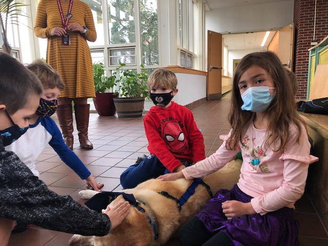 school kids with comfort dog