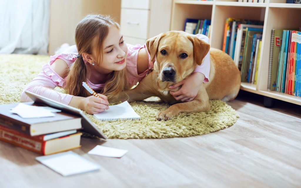 Girl with comfort dog in library